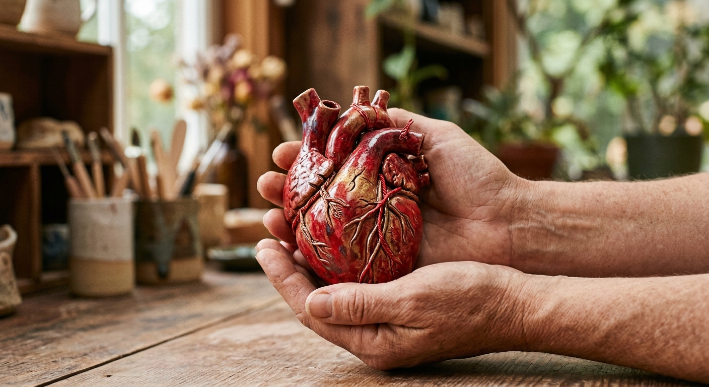 Bir seramik atölyesinde, iki elin arasında tutulan anatomik bir kalp heykeli